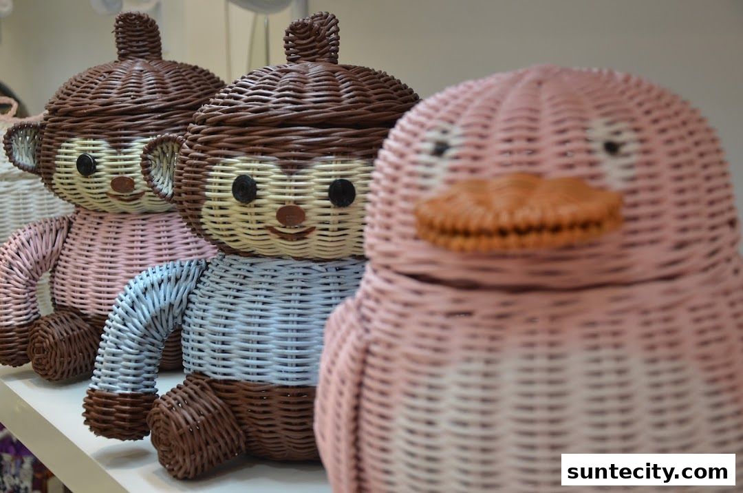 Woven baskets shaped like cute monkeys and a duck are displayed on a shelf.