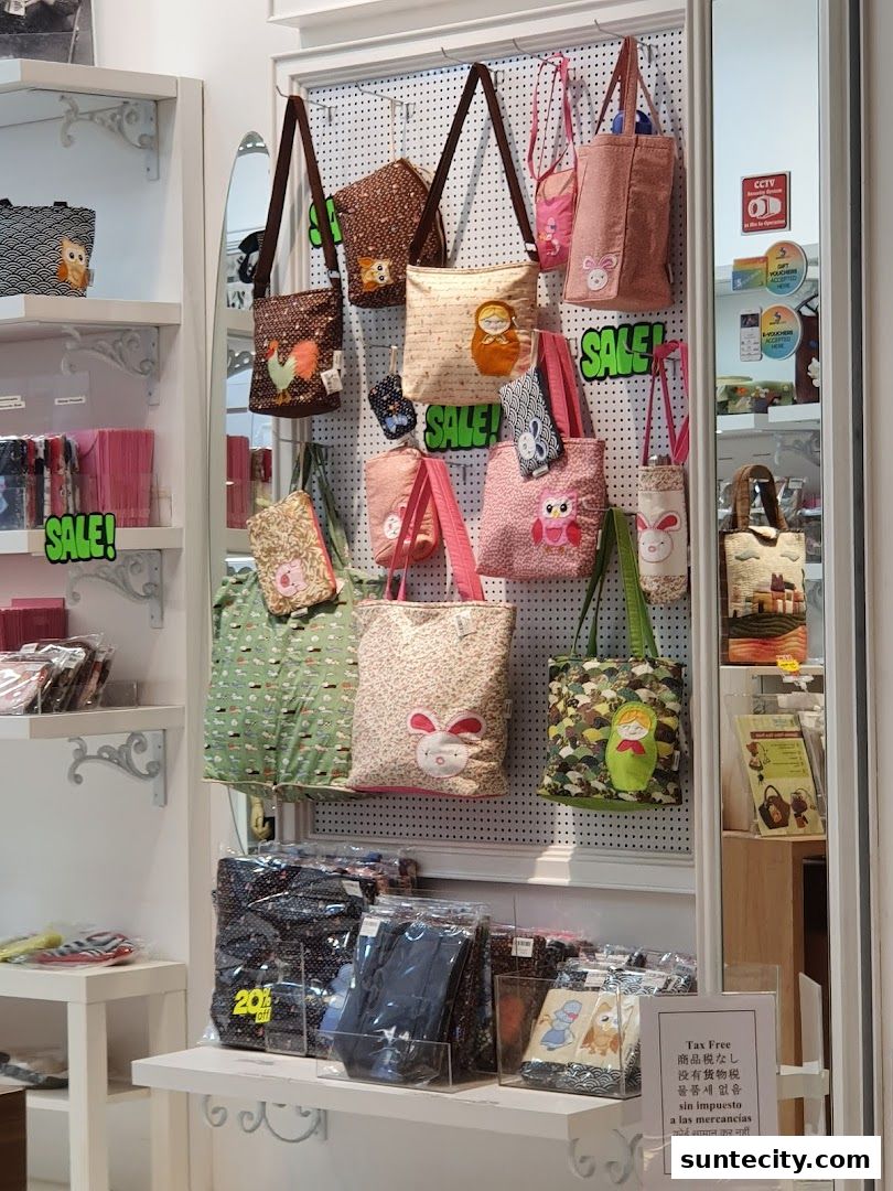 A display of various tote bags and pouches with cute animal and doll designs.