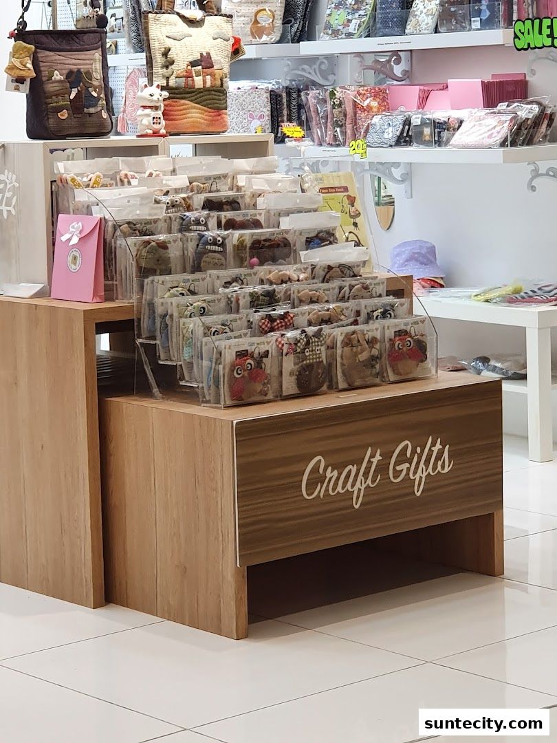 A display of various craft gifts and accessories, including bags and small novelty items.