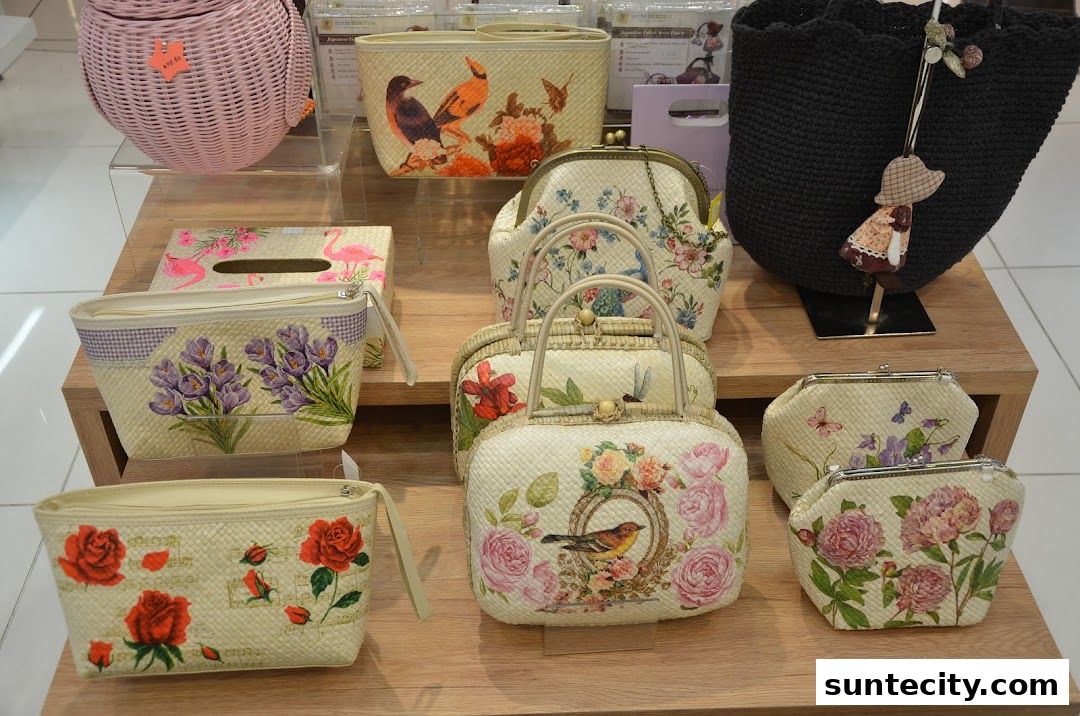 A display of woven bags and pouches featuring floral and bird designs.