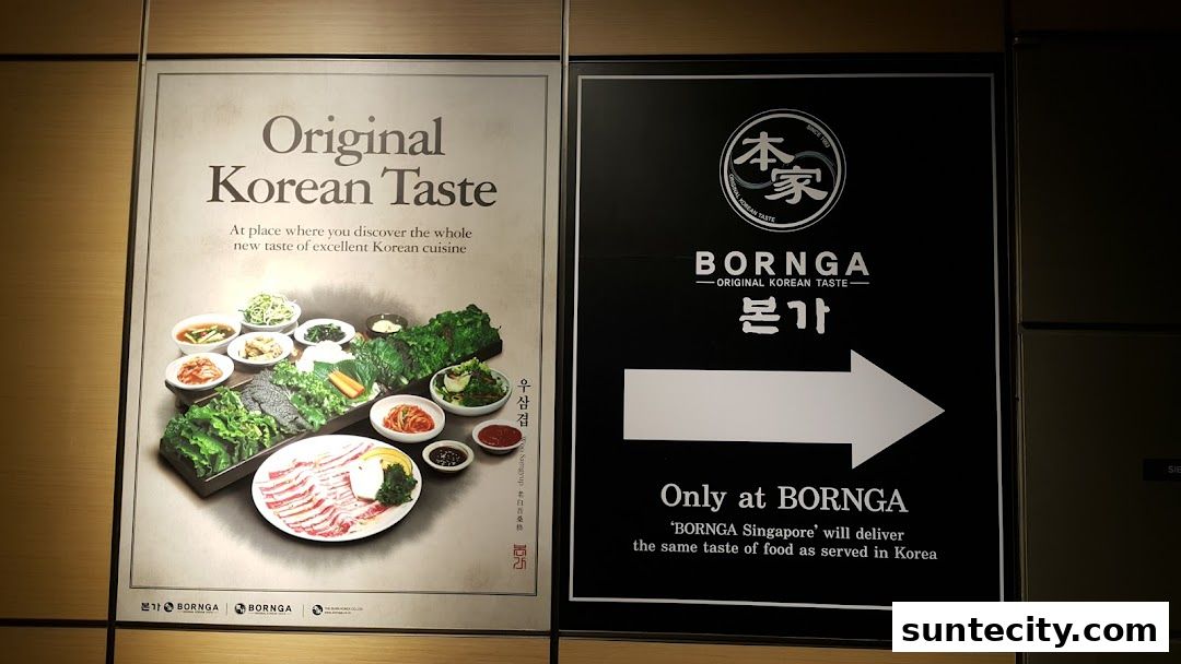 Signs for Bornga Singapore, advertising original Korean taste and directing visitors.