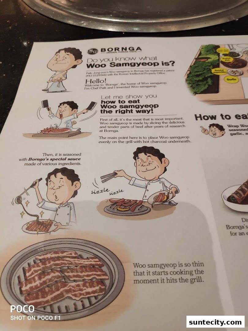 A guide explaining how to eat Woo Samgyeop at Bornga, featuring illustrations and text.