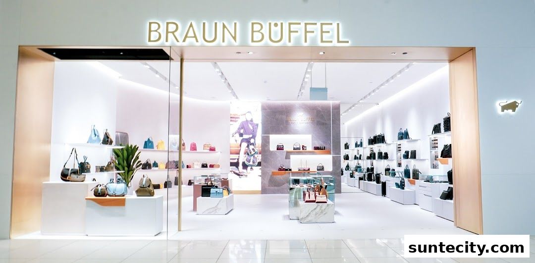 The exterior of a Braun Büffel store showcasing a wide selection of handbags and accessories.