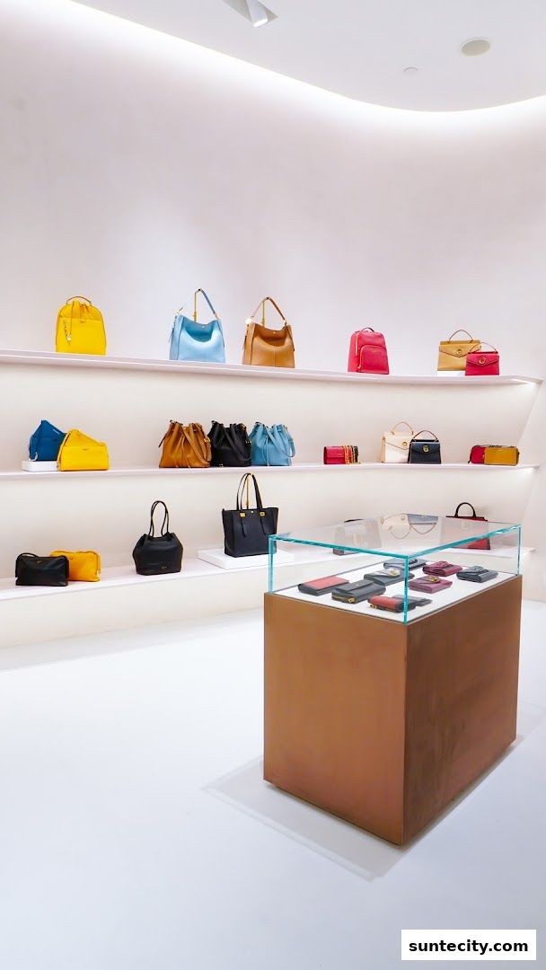 A well-lit retail store interior showcasing a variety of handbags and accessories on shelves and in a display case.