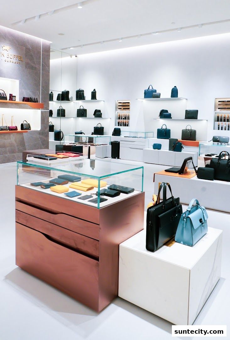 Interior view of a Braun Büffel store showcasing leather bags and wallets on display.