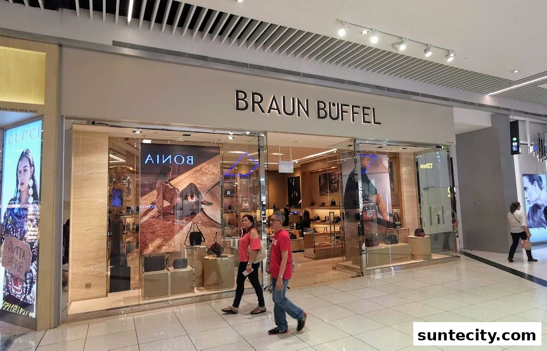 The Braun Büffel store entrance with handbags displayed in the window.