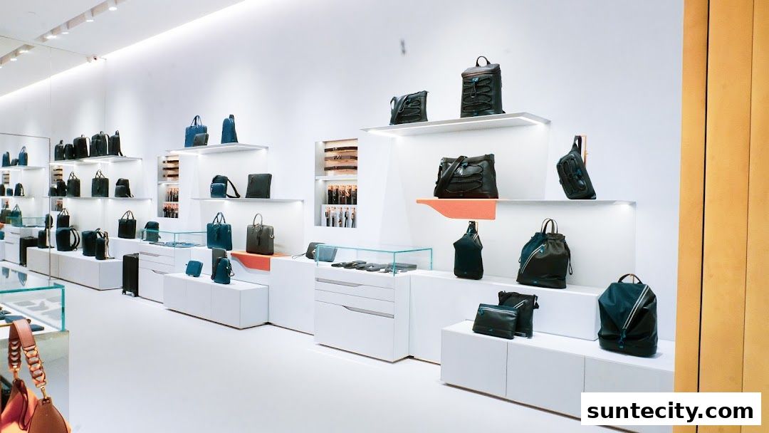 A well-lit retail store interior showcasing a variety of leather bags on display shelves.