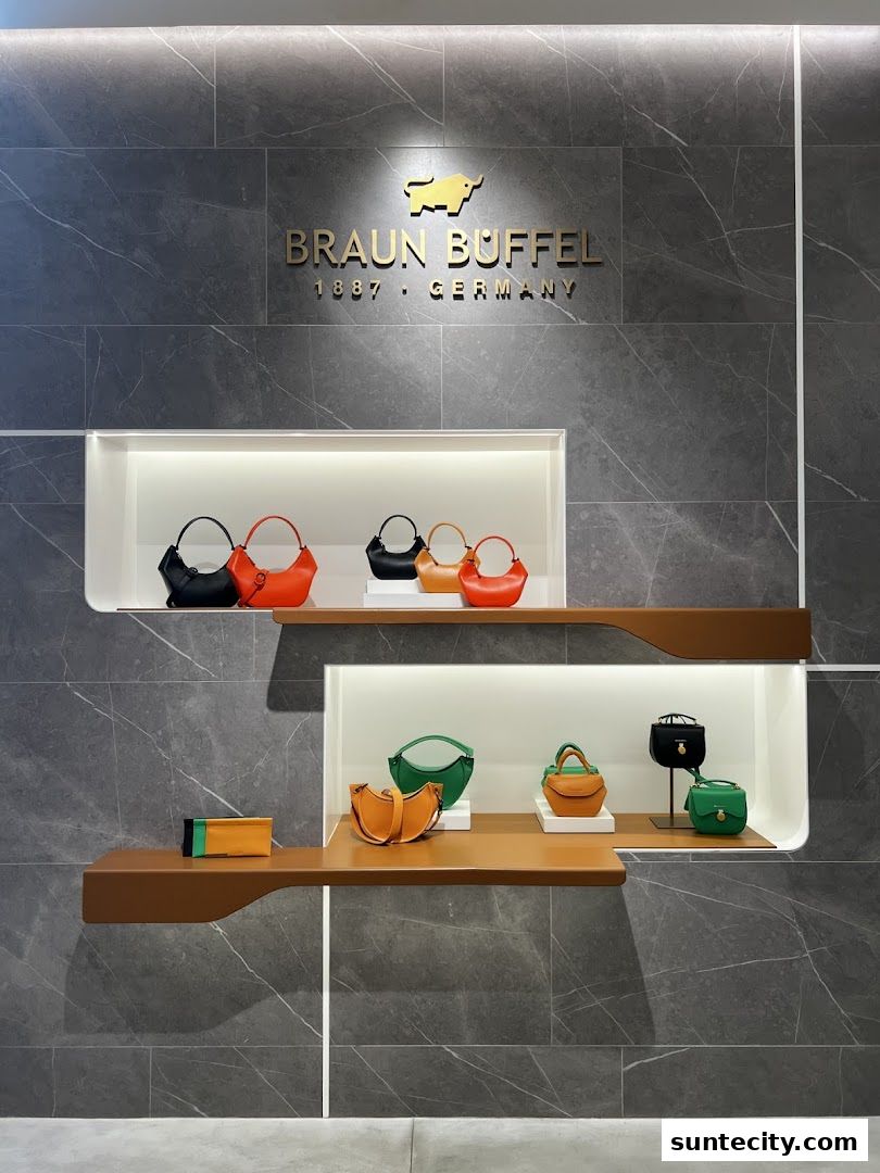 Braun Büffel store interior showcasing various handbags on display shelves.