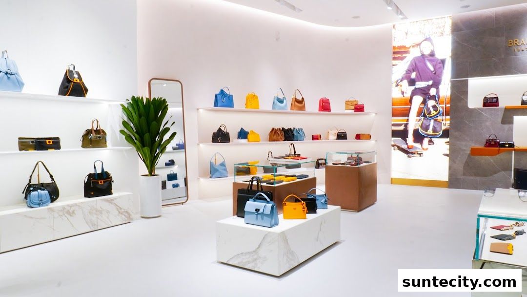Interior view of a brightly lit handbag store showcasing various styles on shelves and displays.