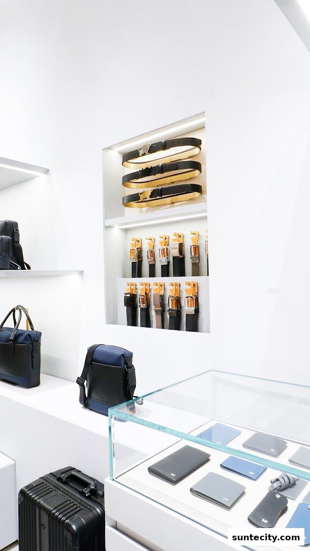 A clean, modern retail display showcasing Braun Büffel leather goods, including bags, belts, and wallets.