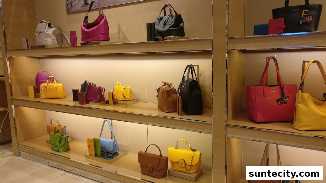 A display of various colorful leather handbags on shelves in a retail store.