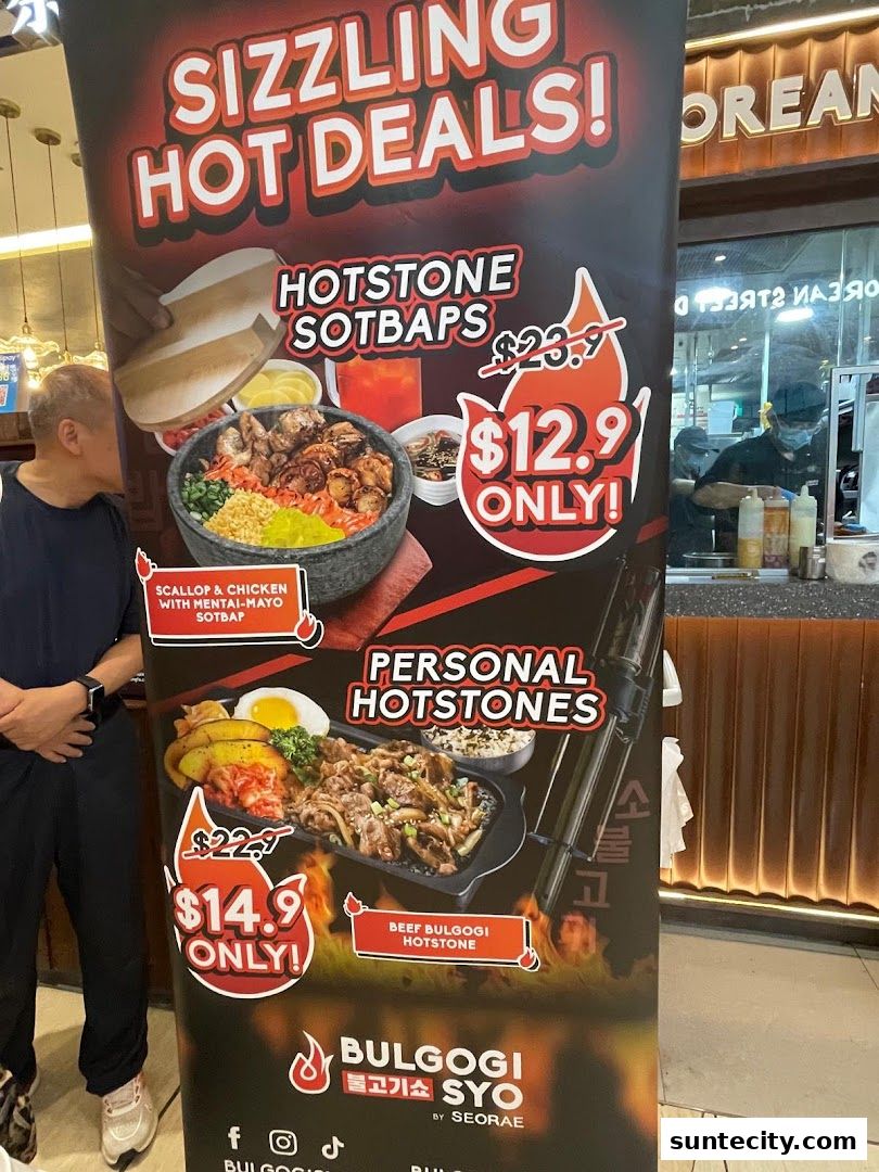 A promotional banner for Bulgogi Syo featuring sizzling hot deals on hotstone dishes.