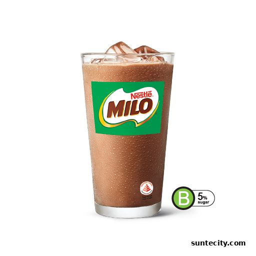 A tall glass of iced Milo drink with the Nestle Milo logo on the glass.