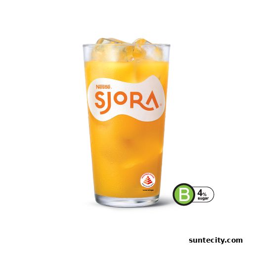 A tall glass of orange Sjora drink with ice and a slice of orange.