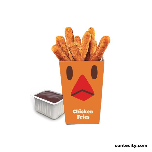 Burger King Chicken Fries served in a fun, chicken-themed box with a side of dipping sauce.