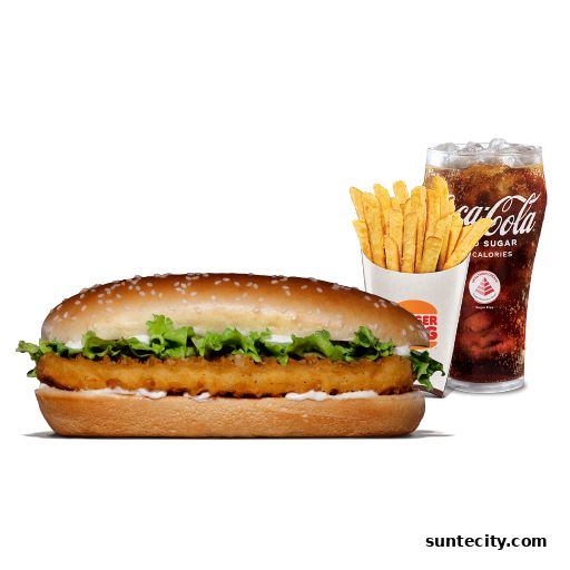 A Burger King chicken sandwich meal with fries and a Coca-Cola.