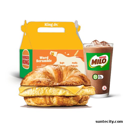 Burger King Jr. meal with a croissant sandwich, drink, and kids' meal box.