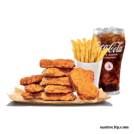 A stack of crispy chicken nuggets with fries and a Coca-Cola Zero Sugar drink.