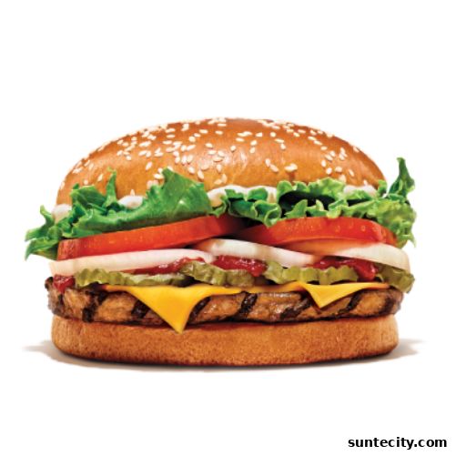 A close-up of a juicy Whopper burger with sesame seed bun, lettuce, tomato, onion, pickles, and cheese.
