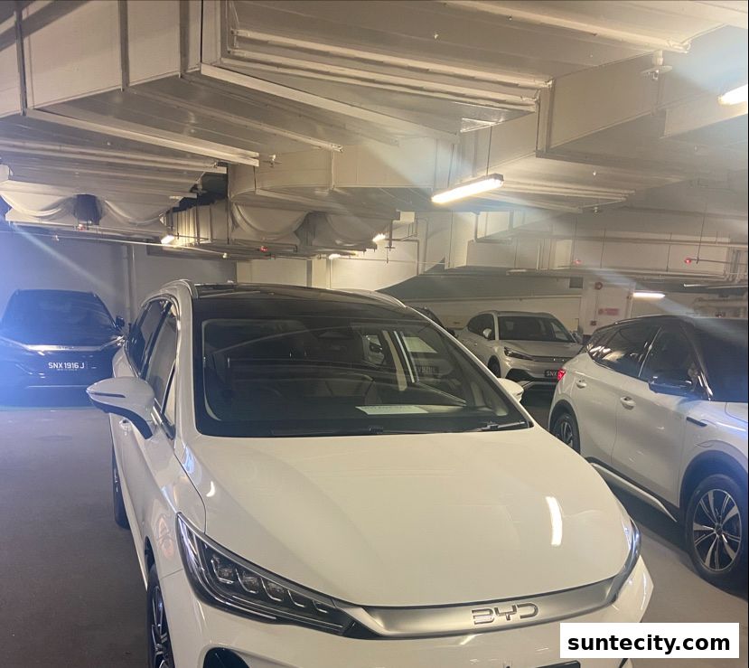 Several BYD electric cars are parked in a well-lit indoor parking area.