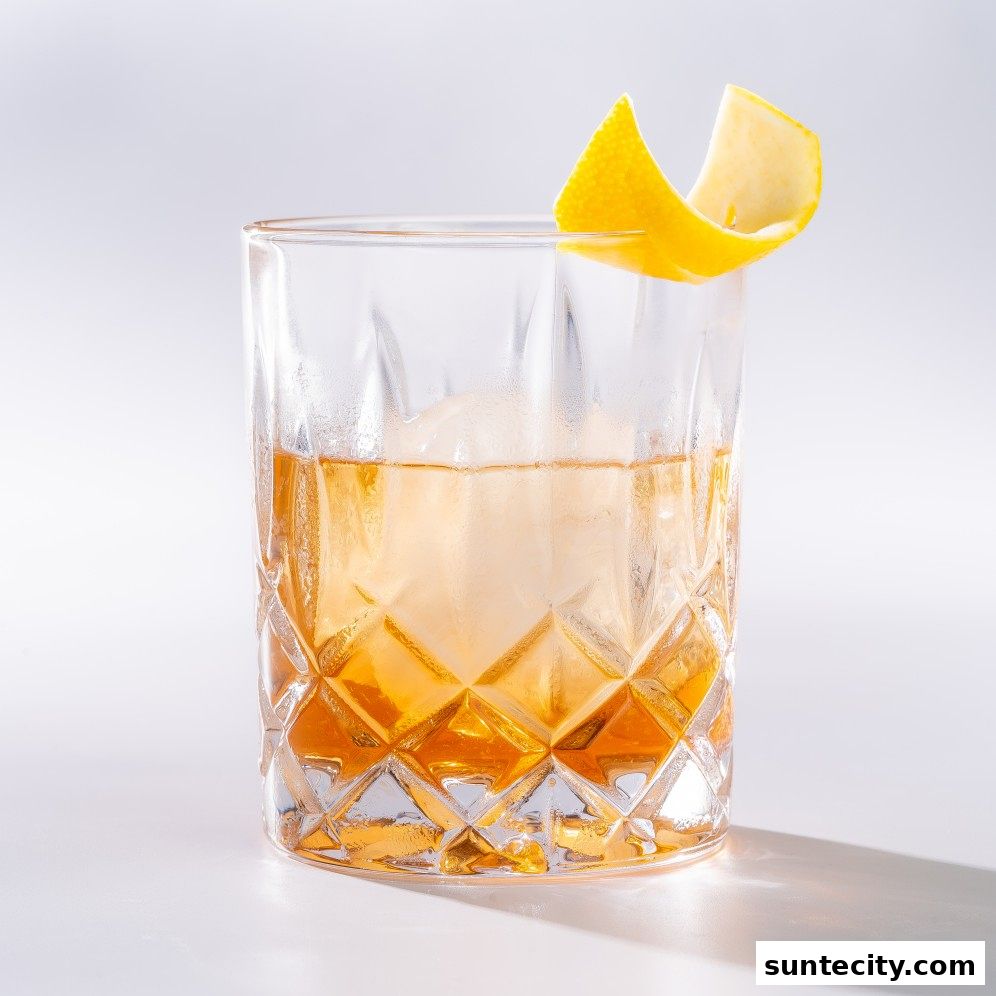 A close-up shot of a whiskey cocktail with a large ice cube and lemon peel garnish.