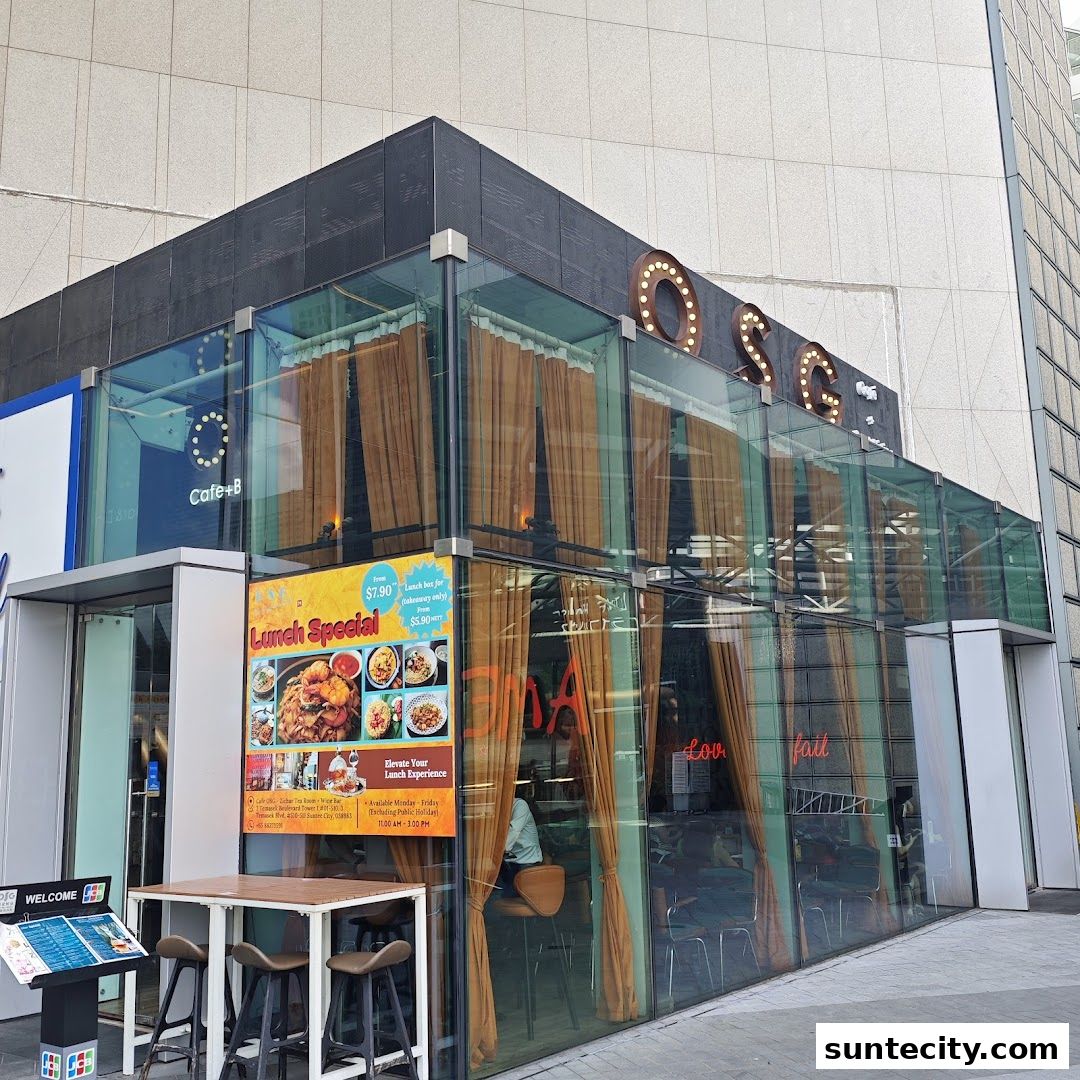 Exterior of Cafe OSG, a Zichar Tea Room and Wine Bar, with a lunch special advertisement.
