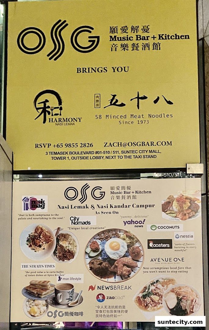 A sign advertising OSG Music Bar + Kitchen, featuring Nasi Lemak and Nasi Kandar Campur with various media endorsements.