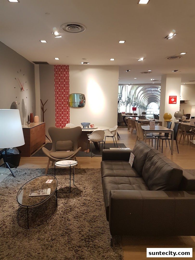Interior of a luxury Italian furniture store showcasing modern sofas, chairs, and dining sets.