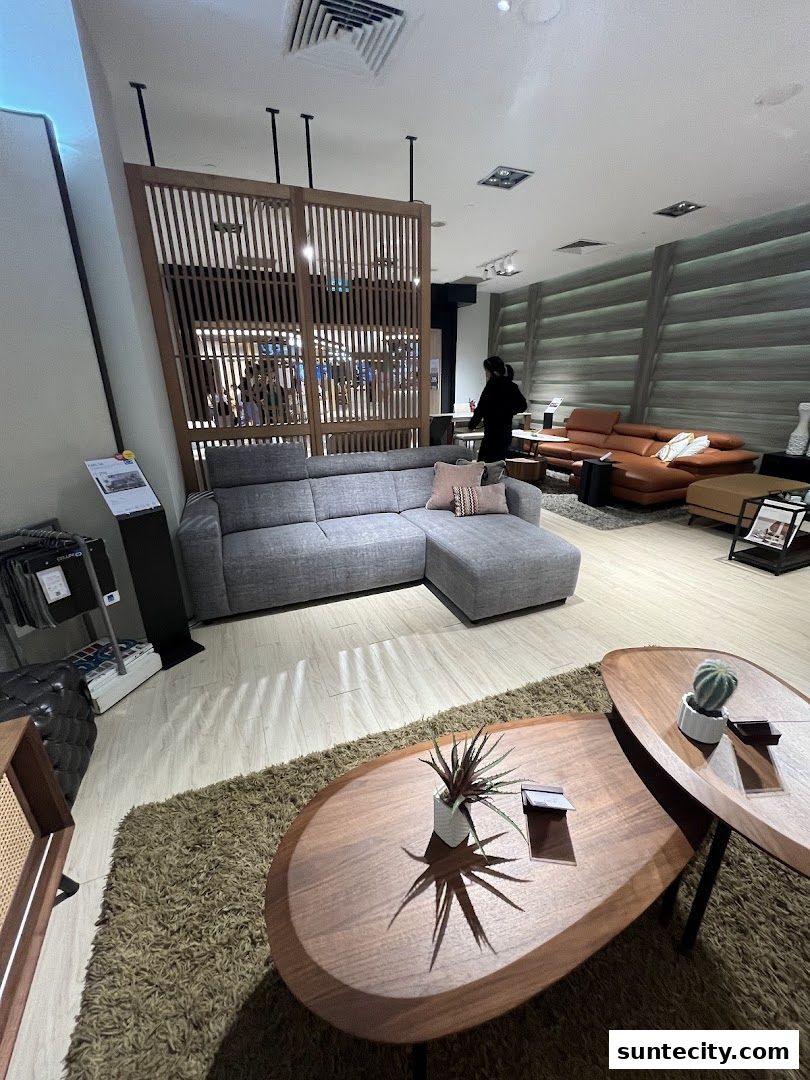 Interior view of a modern furniture store showcasing sofas and coffee tables.