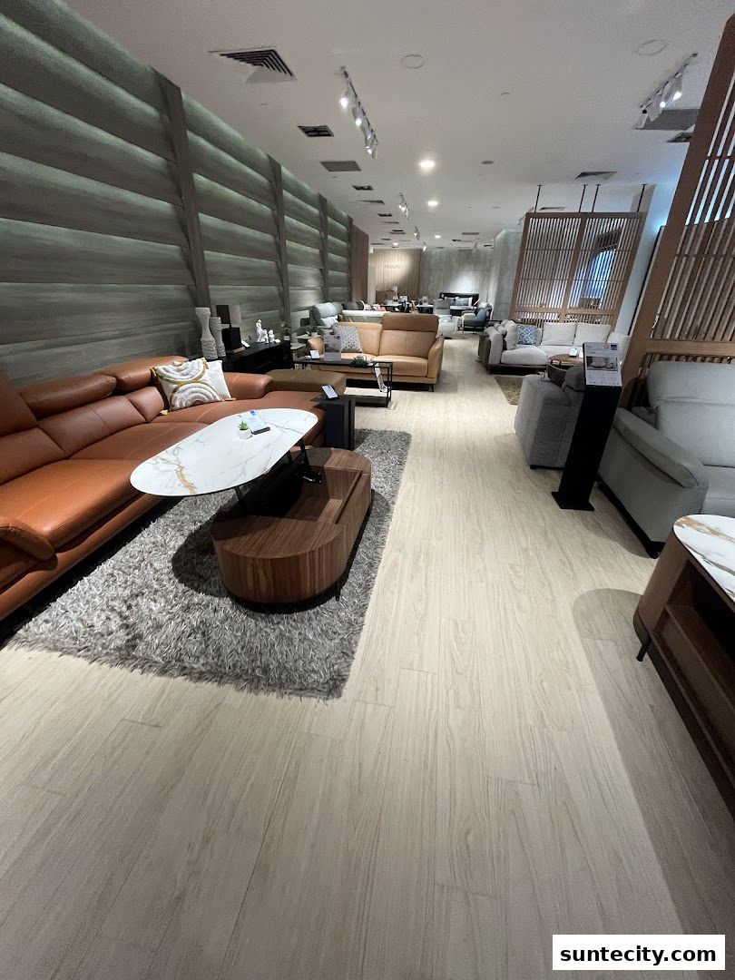 Interior view of a modern furniture store showcasing various sofas and coffee tables.