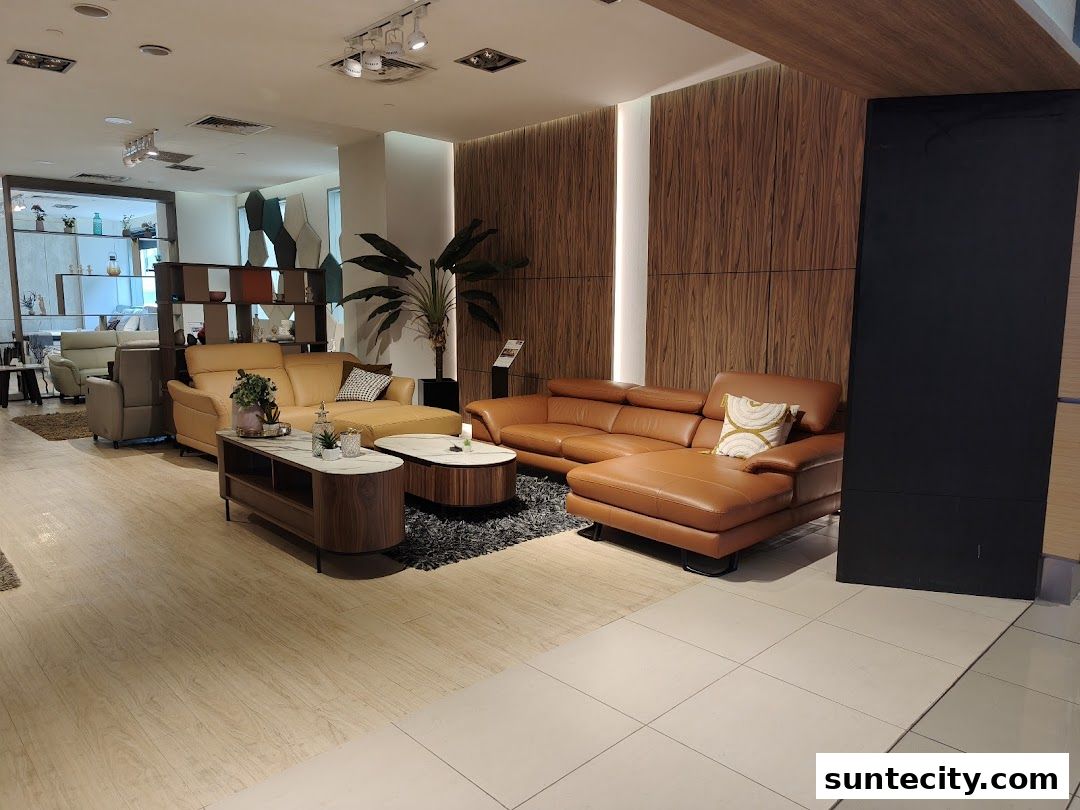 Interior view of a furniture store showcasing stylish leather sofas and coffee tables.