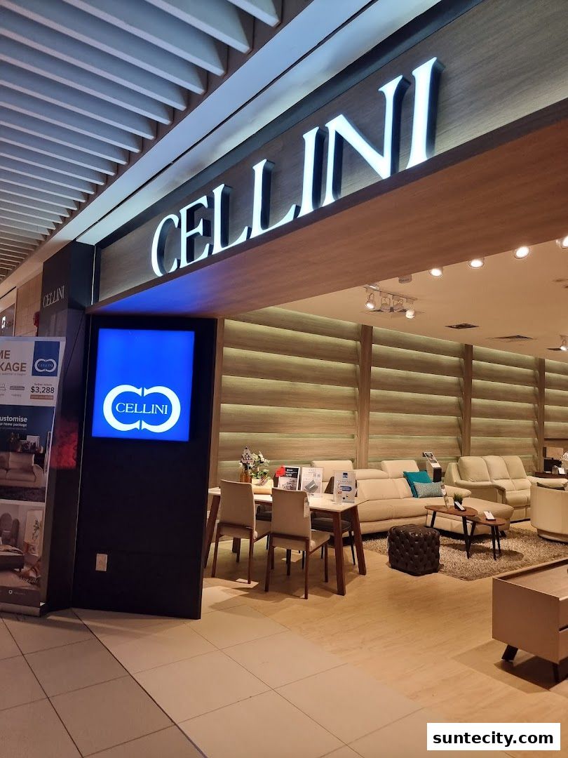 The Cellini store features a modern facade with illuminated signage and displays of contemporary furniture.
