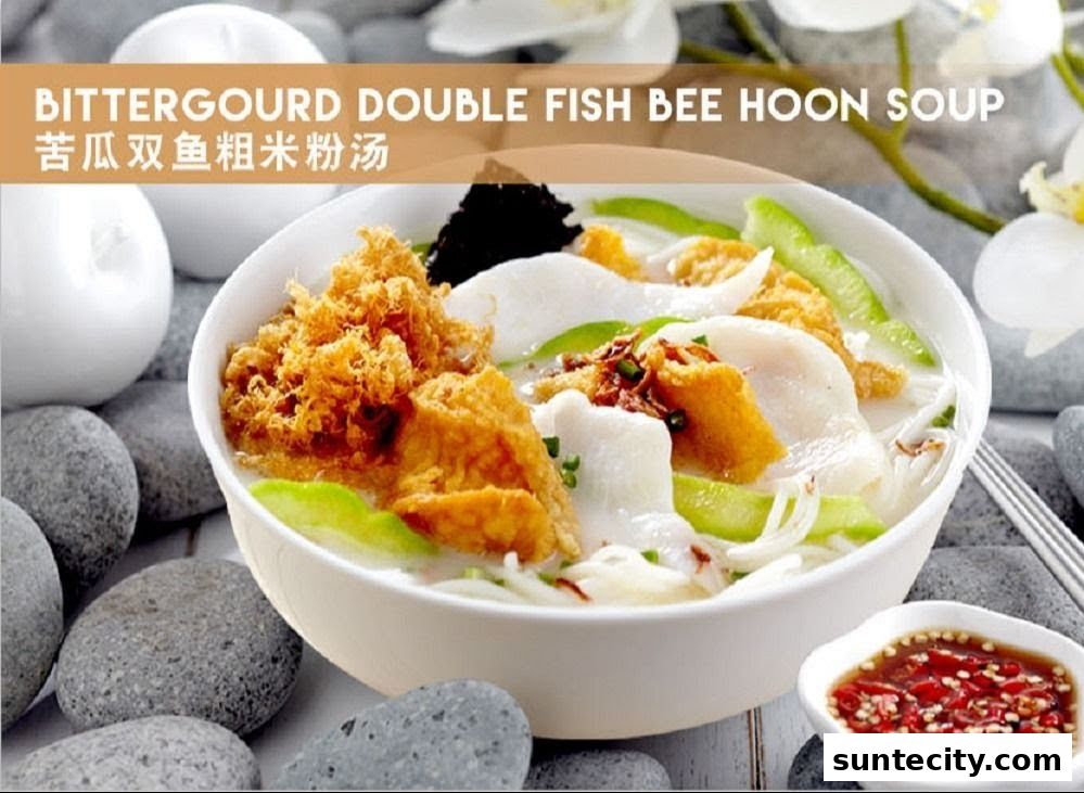 A close-up of a bowl of bittergourd double fish bee hoon soup with a side of chili dip.