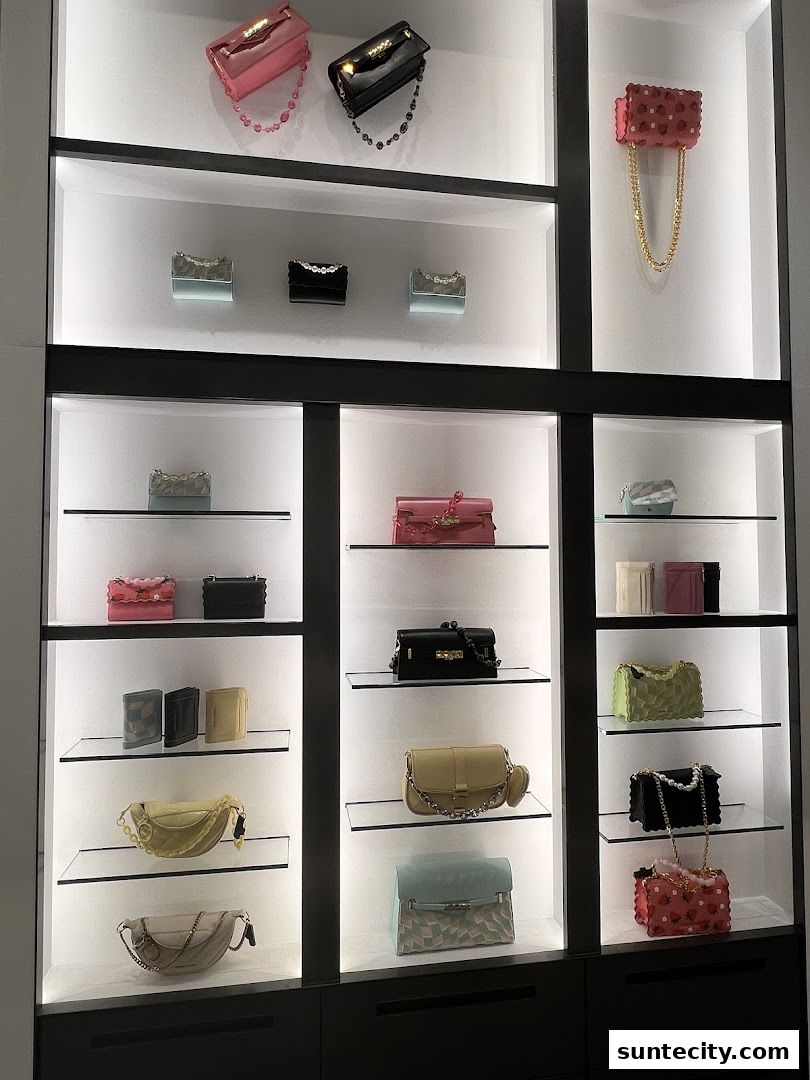A display of various stylish handbags on illuminated shelves in a retail store.