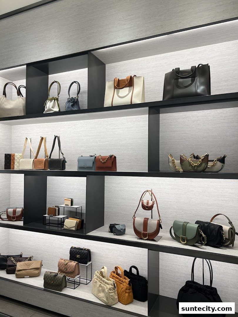 A display of various Charles & Keith handbags on shelves, showcasing different styles and colors.