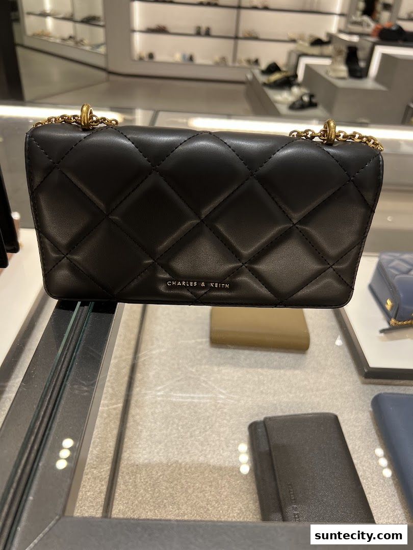 A black quilted CHARLES & KEITH handbag with a gold chain strap displayed in a store.