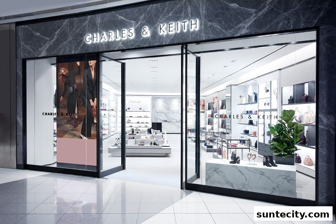The entrance of a Charles & Keith store showcasing handbags and shoes on display.