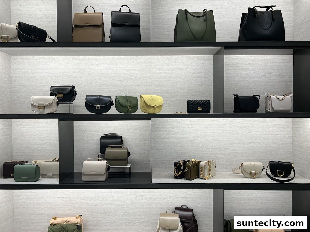 A display of various Charles & Keith handbags and backpacks on shelves.