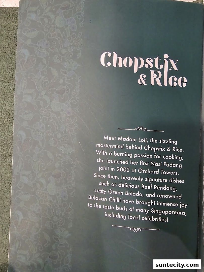 A page from a restaurant's brochure featuring the Chopstix & Rice logo and a description of its founder.