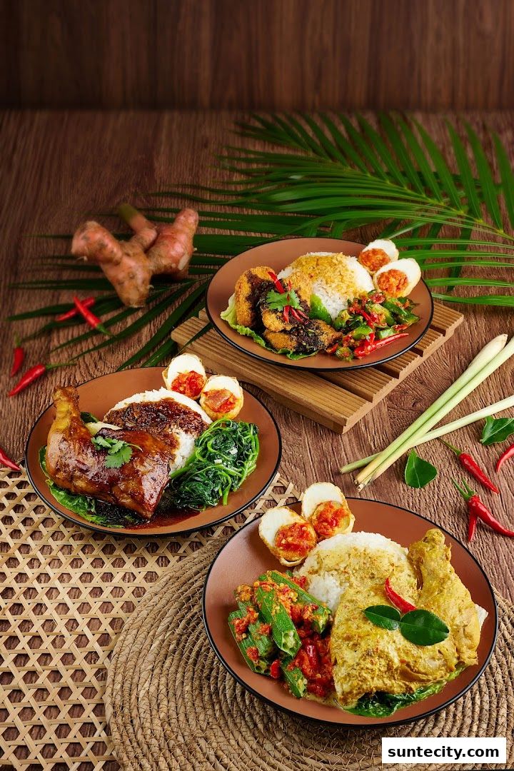 Three plates of Indonesian food featuring rice, chicken, vegetables, and eggs, garnished with chili and herbs.
