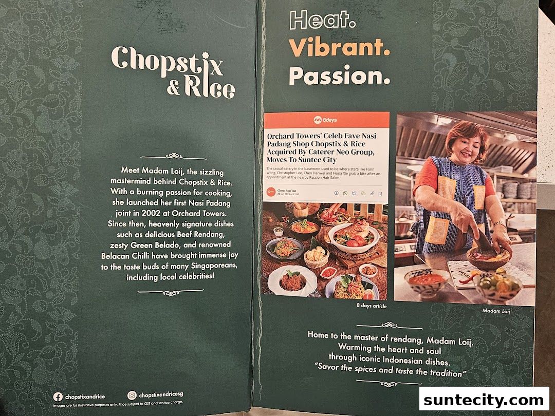 A brochure featuring Chopstix & Rice, highlighting Madam Loij and her Indonesian dishes.