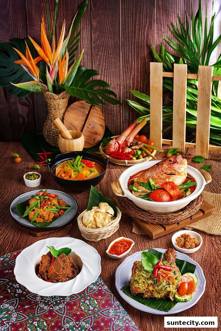 A spread of delicious Indonesian dishes including fish, rendang, and fried chicken, beautifully presented.