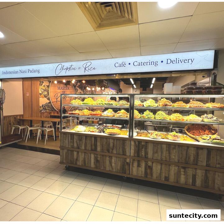 A display of Indonesian food in a restaurant with seating area and a sign.