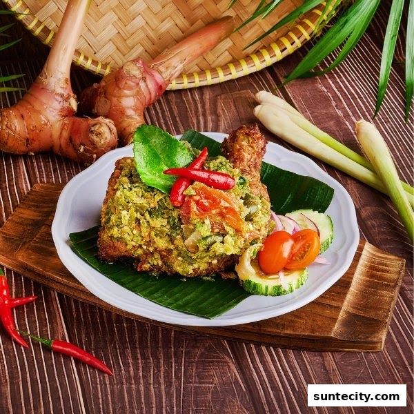 A plate of Indonesian fried chicken with green chili sauce, garnished with chili peppers and vegetables.