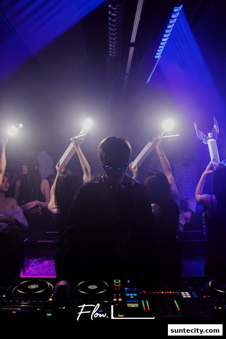 A DJ performs for a crowd at a nightclub with bright lights and smoke.