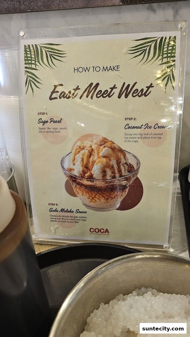 A sign showing how to make a dessert with sago, ice cream, and sauce.