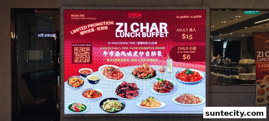 A digital advertisement for COCA's Zi Char Lunch Buffet, showcasing various dishes and pricing.
