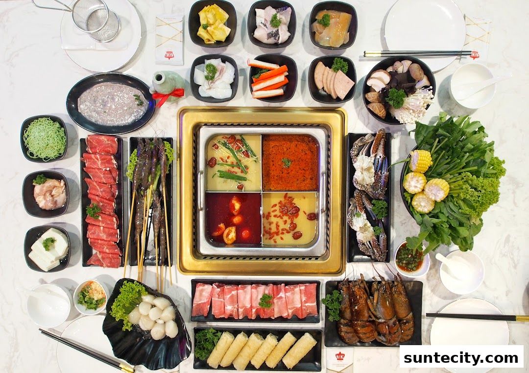 A spread of hot pot ingredients including meats, seafood, vegetables, and dipping sauces.