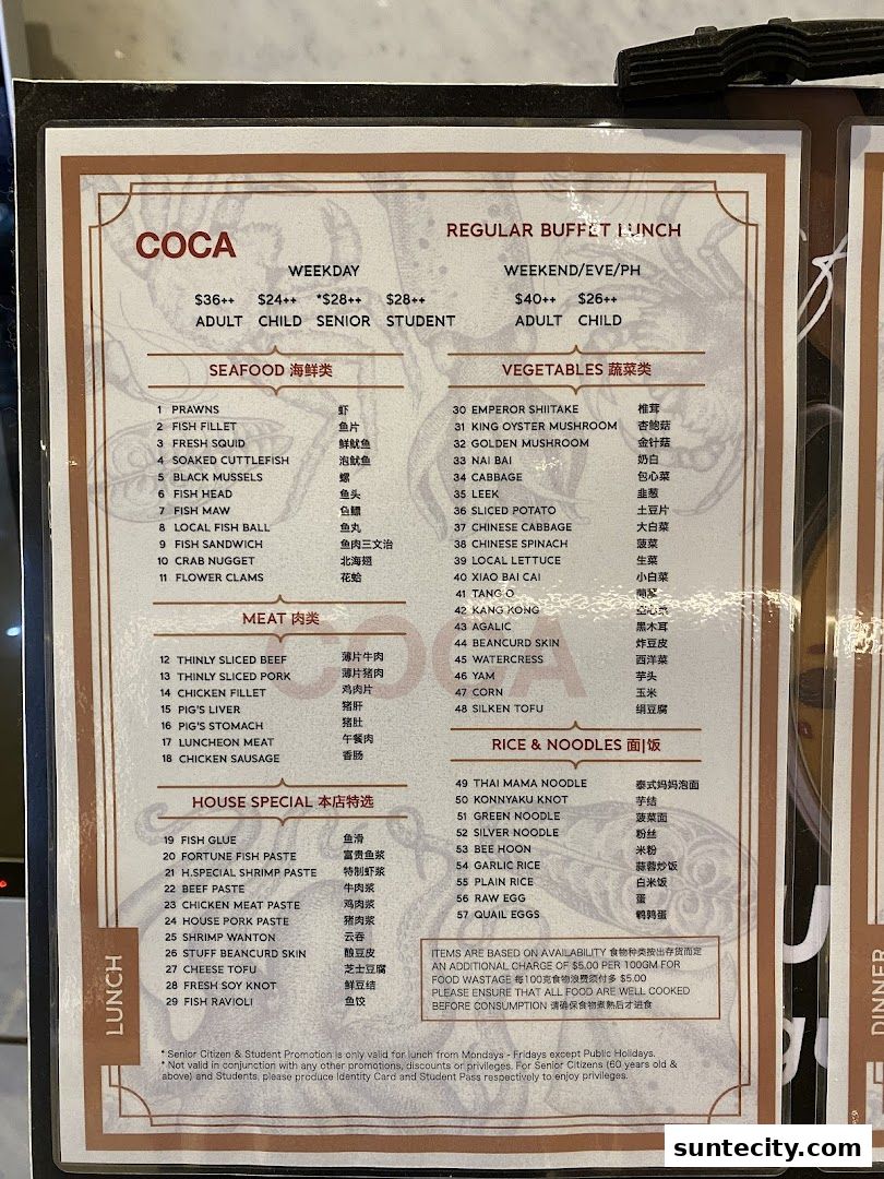 Menu page for COCA  Suntec City Mall