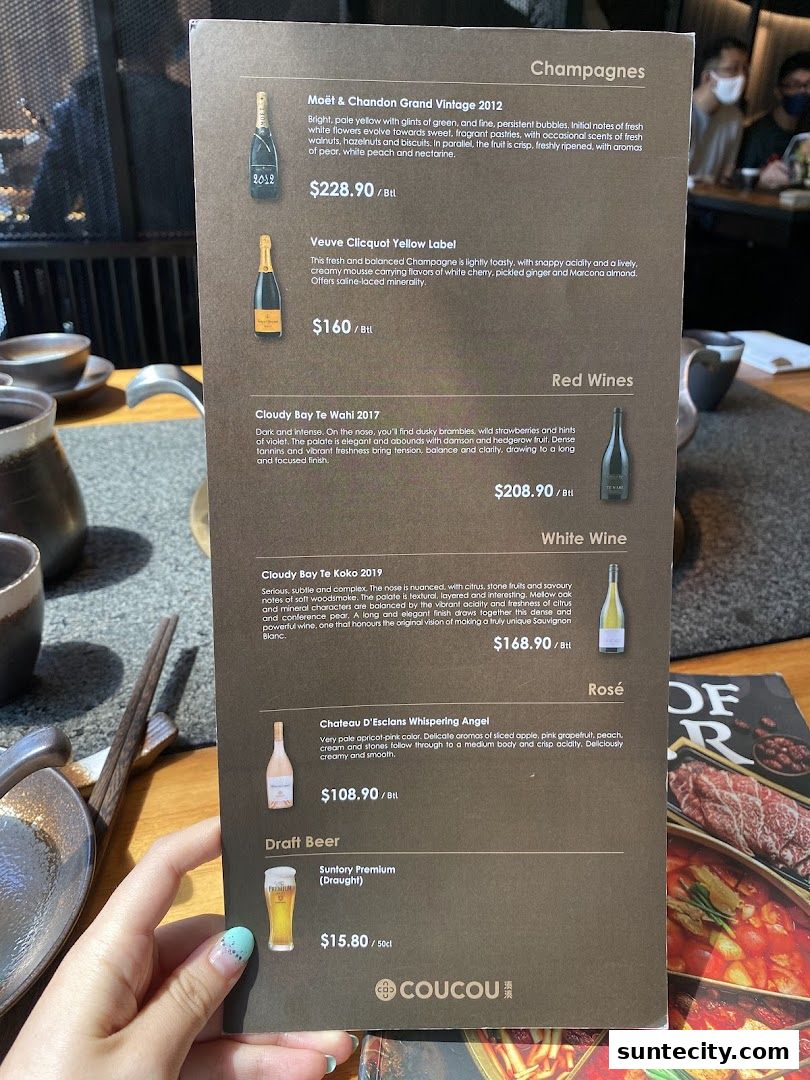 Menu page for Coucou HotpotBrew Tea Suntec City